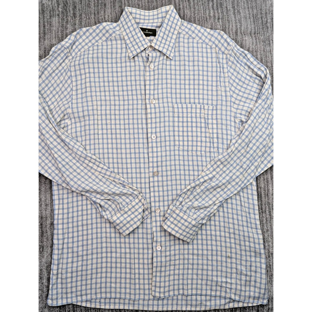 Ermenegildo Zegna Men L White Blue Plaid Linen Rayon Button Down Shirt Italy